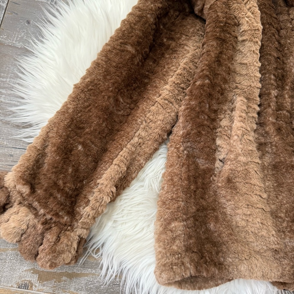 Damselle New York Faux Fur Ruffle Coat XS Brown Teddy Jacket Hooded Glam Winter - Picture 3 of 6
